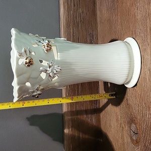 White Ceramic w Gold Detail Embossed Reticulated Berries and Leafs 9” Vase